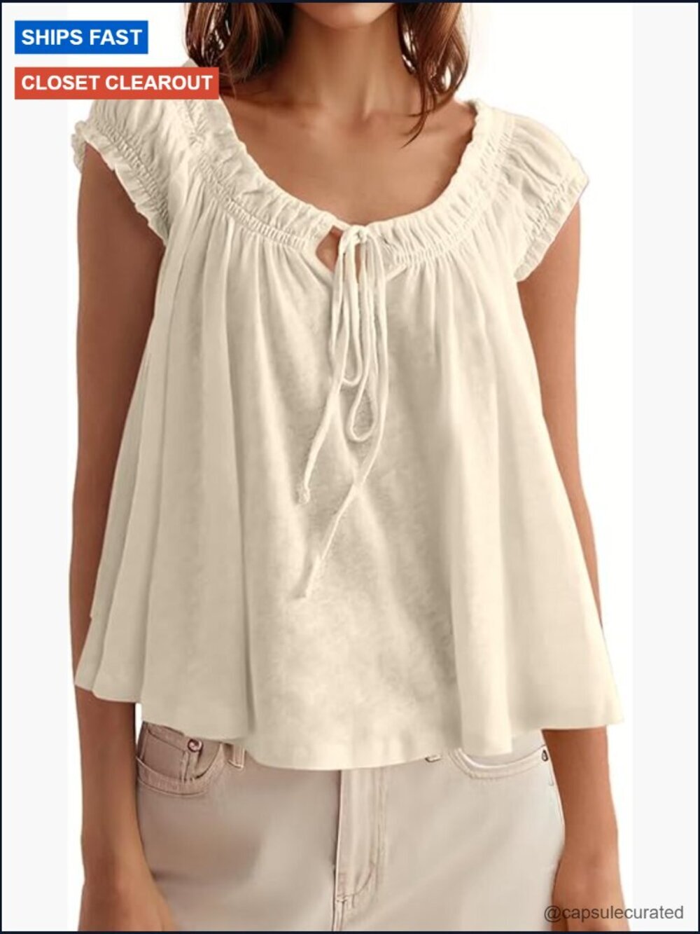 Women Tie Front Tank Top Cap Sleeve Pleated Babydoll Tops Casual Loose Fit